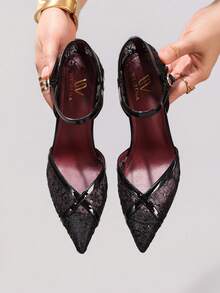 时尚蕾丝刺绣黑色高跟鞋，性感尖头派对晚宴鞋，超高细高跟镂空女鞋 - 黑色 - 查看 4