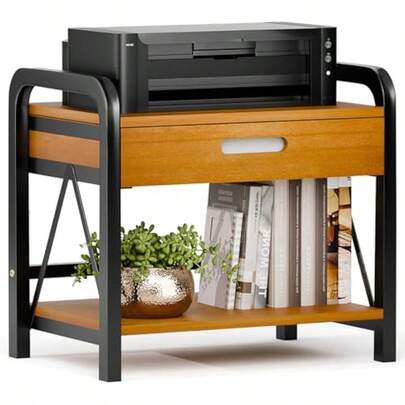 Printer Stand With Storage For Desk, 2 Tier Desktop Printer Table Shelf For Home Office With Wooden Storage Drawer, 15.67" Wide X 11.42" Deep, Multi-Purpose Desk Organizer For Fax Machine, Scanner Local Shipping