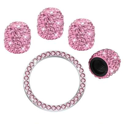 5-Piece Set Of General Motors All Diamond Valve Caps, Car Tire Decorations, Valve Core Caps, Valve Core Caps, All Diamond Car Diamond Ceramic Valve Covers Decorative Ring With One Touch Start Button For Cars, Inlaid With Diamond Crystal Ignition Ring In Pink