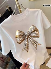 Camiseta estampada con lazo Y2K para mujeres |   Camiseta de manga corta con cuello redondo y patrón decorativo brillante, top casual de primavera/verano, estilo regular - Blanco - Ver 9