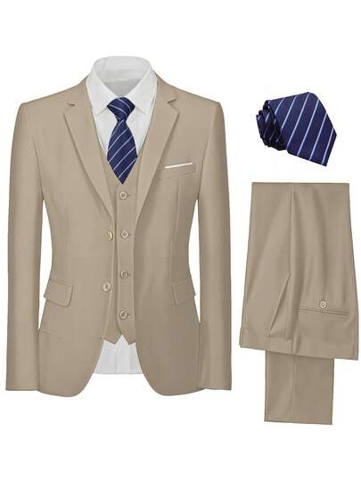 Furuyal Men's 3 PiecesElegant Suit Set, Men's Gentleman Solid Color Double-Breasted Slim-Fit Single-Breasted Wedding Jacket, Vest, Trousers And Tie Set, Champagne Color, Size XS-3XL