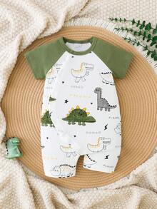 Bộ áo liền quần cho bé sơ sinh tay raglan, cài cúc phía trước, chất liệu cotton mềm mại, in hình khủng long dễ thương (có thể truy xuất nguồn gốc) - Nhiều màu - Xem 1
