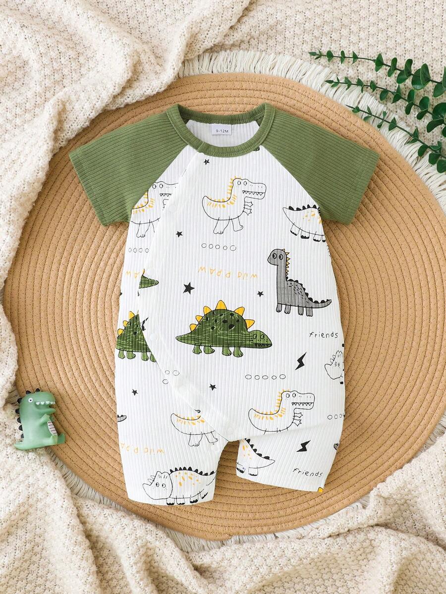 Bộ áo liền quần cho bé sơ sinh tay raglan, cài cúc phía trước, chất liệu cotton mềm mại, in hình khủng long dễ thương (có thể truy xuất nguồn gốc) - Nhiều màu - Xem 1