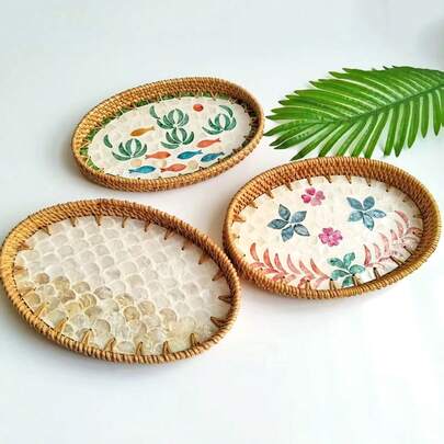 10.63 X 7.09 X 1.18 Inches Handmade Rattan Woven Storage Tray, Decorative Shell Plate