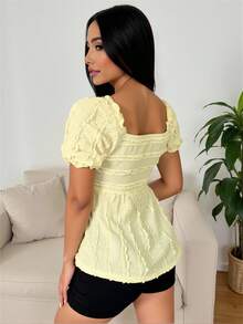 Sweet Petal Sleeve Lace Ruffle Solid Color Smock Top Casual Summer - Light Yellow - View 2