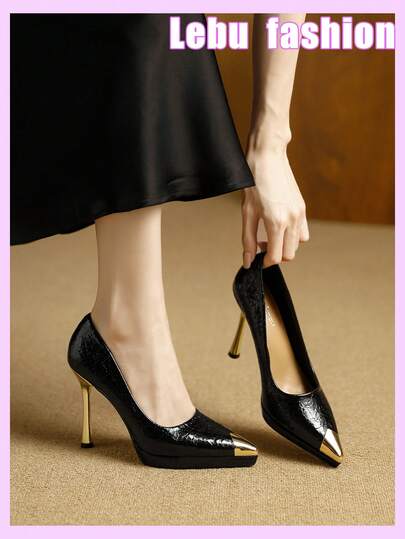 Qiluyuan Women's Fashion Shoes, European And American Style Party High Heels, New Spring/Autumn Elegant Metal Pointed Toe Thin Heel Comfortable Platform Slip-On Pumps, Champagne, Black, Suitable For Holiday Parties, Banquets, Casual Dates