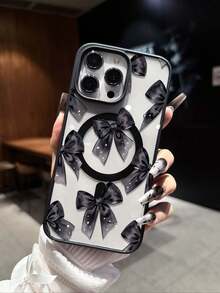 Black Bowknot Pattern Magnetic Ring Phone Case Compatible With Samsung S24/S25/S23 S Series And A55/A15/A15 A Series, Compatible With IPhone 17, 16 Pro Max, 14/13, 12, 11 Pro Max, XS Max, X, XR, 8, 7, Plus, Mini, Can Be Used As Birthday Gift, Girlfriend, Boyfriend Or Self-Use - Multicolor - View 2