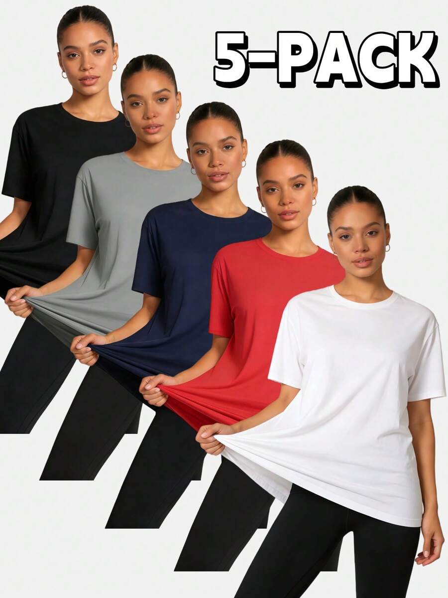 OKP 5 Pieces Of Large-Sized Multi-Color T-Shirts For Girls, Sporty And Casual Women'S Wear, With A Simple And Elegant Style. Suitable For Daily Exercise, Running, Cycling, Can Also Be Used As Pajamas,Large-Sized Clothing. - 彩色 - 查看 1