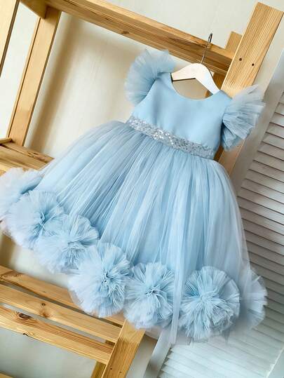 Baby Girls Blue 3D Floral Ruffle Sleeve Mesh Christmas Party Elegant Dress, Princess Dress Suitable For Baby Girl's 1st Birthday Party, Banquet, Wedding Flower Girl, Thanksgiving