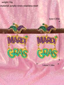 1 đôi mũ vương miện lấp lánh có chữ "MARDI GRAS", bông tai hình giọt nước hai lớp bằng acrylic thủ công, phụ kiện trang sức phù hợp cho phụ nữ/bé gái tham dự lễ diễu hành, tiệc hóa trang và các dịp khác. - Nhiều màu - Xem 4