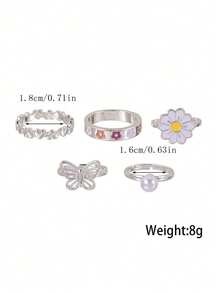 5pcs Adjustable Pearl Rings Set - Includes Butterfly, Daisy And Heart Rings, Perfect Gift Choice - Multicolor - View 3