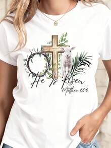 Women's White T-Shirt He Is Risen Cross Lamb And Crown Of Thorns With Bible Verse Matthew 286 Easter Christian Religious Apparel For Spring And Religious Events - 白色 - 查看 1