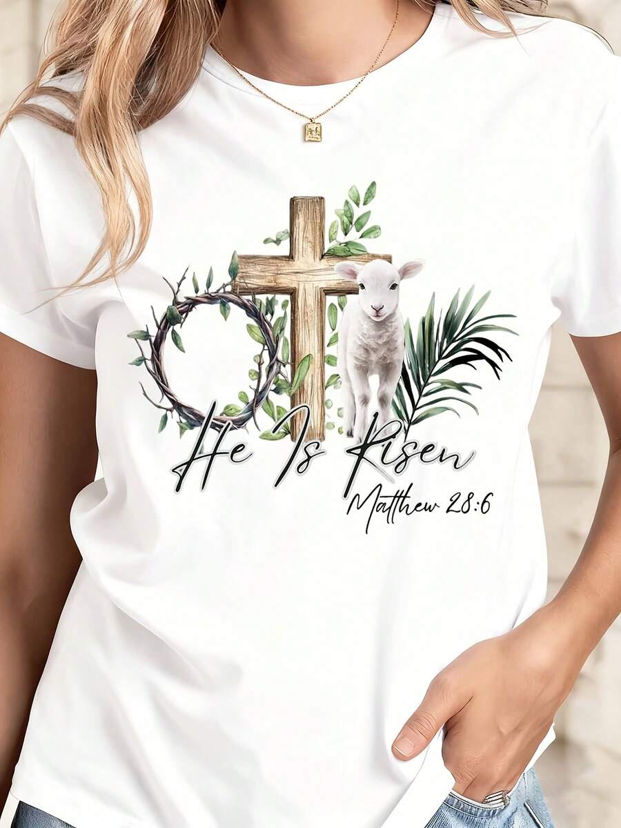 Women's White T-Shirt He Is Risen Cross Lamb And Crown Of Thorns With Bible Verse Matthew 286 Easter Christian Religious Apparel For Spring And Religious Events - 白色 - 查看 1