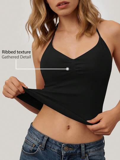 NcmRyu 1pc Women's Halter Neck Elastic Ribbed Ruched Sports Camisole