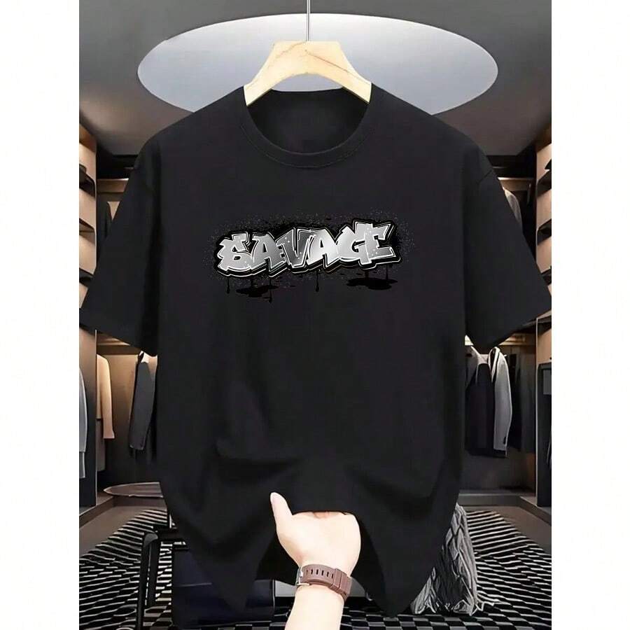 Summer Men's Fashion Pattern Short Sleeve T-Shirt - Black - View 1