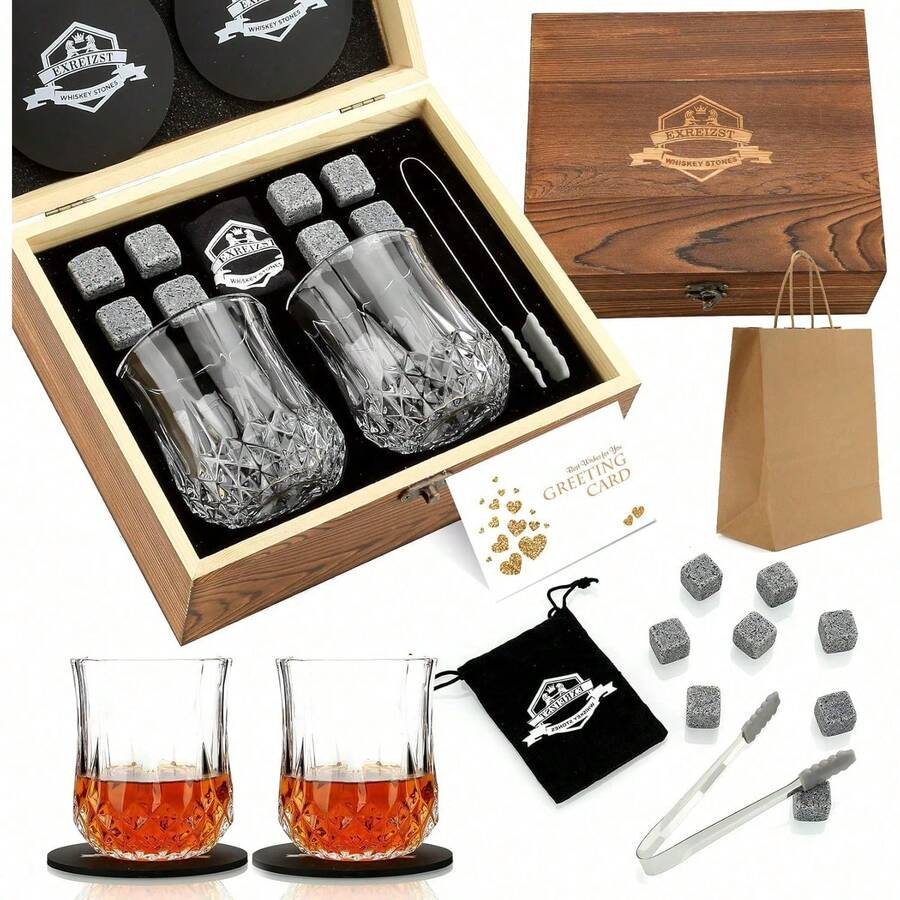 Whiskey Stones Gift Set - Whiskey Glass Set Of 2 - Granite Chilling Whiskey Rocks - Scotch Bourbon Box Set -Father's Day Birthday Gifts For Men Drinking Gift For Dad Him Husband Party Holiday Present LQ02W - 菠蘿形玻璃杯+花崗岩 - 查看 1