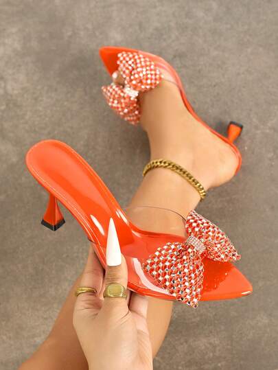 女士高跟鞋，时尚透明PVC玻璃鞋跟，饰有水钻蝴蝶结，尖头设计，套脚款式，优雅橙色，适合派对、户外活动、旅行、正式场合。