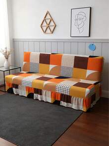 Geometric Contrasting Splicing Sofa Bed Cover, With Skirt Edge, Simple Style, Polyester Fiber All Inclusive Sofa Cover, Knitted Milk Silk All Season Universal Armless Sofa Cover - Orange - View 7