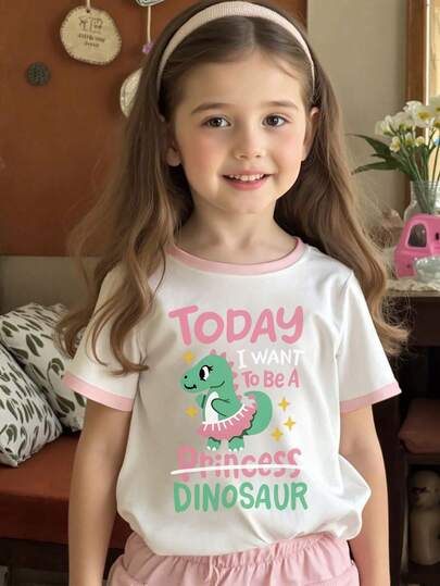 1 Piece Cute Style Dinosaur Princess Element Teen T-Shirt For Girls, Pink-Green Color Cartoon Pattern Style, Soft And Comfortable Fabric Skin-Friendly Breathable, Suitable For Spring And Summer Daily Casual Outings Campus Wear Fashion Cute Style