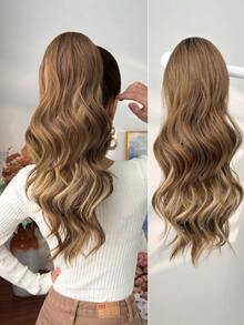 Hästsvansförlängning med dragsko och klämmor, svartbrun, guldtonad grå tonad brun flerfärgad, 18 tum långvågig syntetisk peruk av värmebeständiga fibrer, lämplig för kvinnors dagliga användning vid jul, halloween, musikfestivaler, fester etc. - Tvåtonad - Visa 14