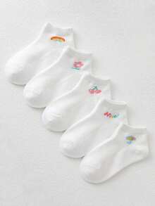 10 Pairs Spring/Summer Kids/Children White Short Socks, Cute Cartoon Designs Of Rainbow, Cherry, Letter, Flower, Umbrella, Simple Fresh Casual Breathable Comfortable Versatile Mesh Socks, Classic Soft Skin-Friendly Sweat-Absorbent Sports Socks, Suitable For Casual, Sports, Outdoor, School Outfits - White - View 2