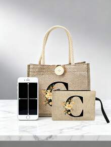 Un ensemble de sacs fourre-tout en lin avec imprimé floral et lettres de l'alphabet, cadeau personnalisé pour la fête des mères. Comprend 1 grand sac fourre-tout et 1 petit pochon. Sac fourre-tout en lin jaune avec anses noires et fermeture à pression. Convient pour les mariages, anniversaires, plages, vacances - cadeau parfait pour les femmes, mères, enseignantes, amies, demoiselles d'honneur, étudiantes, rentrée scolaire - Kaki - Voir 5