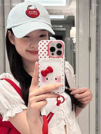  1 st söt och trendig korthållare med kattdesign, kortplats, snoddset, rosa rosett Sanrio-telefonskal, vattentätt och stötsäkert silikonmaterial, kompatibel med iPhone 17-serien, 11/12/12 Pro, 13/14/15, 13 Pro/14 Pro/15 Pro, 12 Pro Max/13 Pro Max/14 Pro Max/15 Pro Max, 16, 16 Pro, 16 Pro Max, 17, 17 Pro, 17 Pro Max