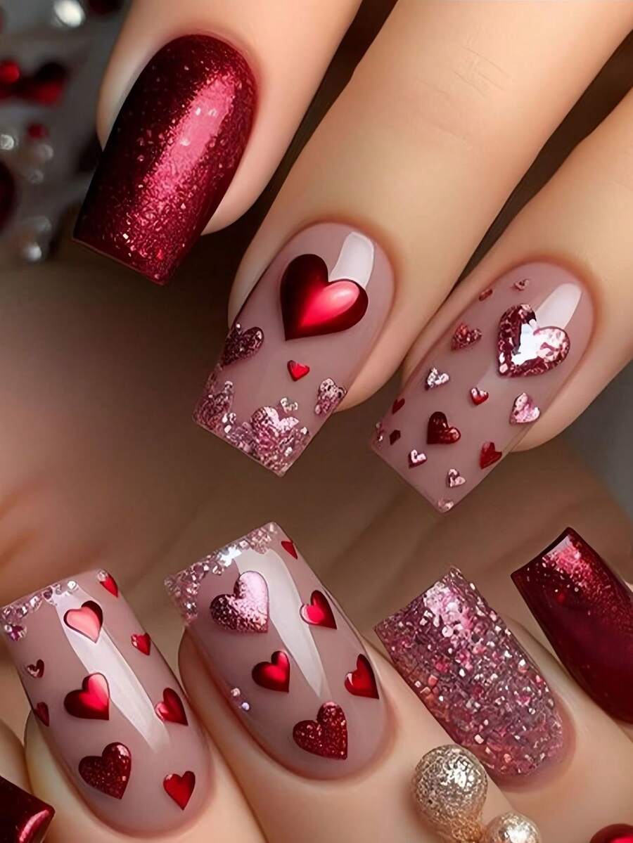24pcs Medium Square False Nails, Valentine's Day Heart Red Wearable Nail, Full Coverage Removable Manicure Set, Suitable For Women Party, Ball And Daily Wear - Red - View 1