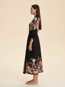 Áo choàng kimono in họa tiết phong cách retro rộng rãi, thanh lịch, thích hợp mặc ở nhà, thắt eo, kiểu dáng thoải mái, đồ ngủ nhẹ nhàng mùa hè, thích hợp mặc ngoài biển, áo tắm. - màu đen - Xem 4