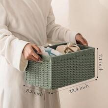 2 Pack Wicker Basket, 13.4L*8.3H*7.1W Inch Woven Paper Rope Storage Baskets For Shelves, Foldable Rectangular Storage Baskets With Handle, Storage Basket For Organizing, Green - Green - View 3