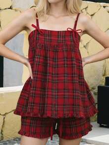 Women's Plaid Shorts Outfit Loose Fit Stylish Bows Ruffled Trim Spaghetti Strap Tops And Shorts 2 Pcs Set - Red - View 2