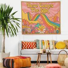 Here Comes The Sun Tapestry - Retro Rainbow Wall Hanging, 70s Hippie Floral Decor, Groovy Sunshine Art, Boho Colorful Tapestry - Pink - View 2