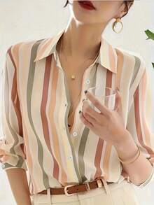 Women's Striped Button Down Shirt Long Sleeve Lapel Collar Blouse Casual Office Work Tops Vintage Style - Màu caramel - Xem 3