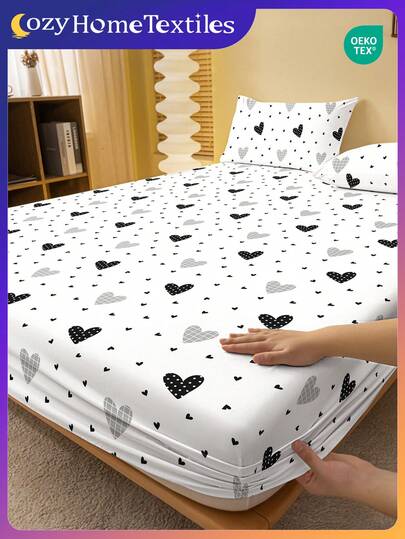1pc Soft & Comfortable Fitted Sheet, Bed Linen, Fitted Sheet, Mattress Protector, Skin-Friendly Mattress Cover, Valentine's Day Gift, Cartoon Heart & Geometric Pattern Bedding Set, Cute Heart Design Home Decor, Suitable For Twin, Full, Queen, King Size Beds, Oeko-Tex Certified