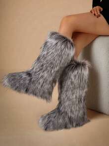 Faux Fur Winter Boots For Women Knee High Fluffy Long Fuzzy Flat Heel Boots For Girls Outdoor Tall Furry Shoes Warm Thigh High For Halloween Christmas Party - Màu xám đen - Xem 4