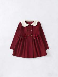 Girls' Elegantbowknott Design Knitted Cardigan With Fur Collar, Stylish Outdoor Party Wear (Beret Hat Not Included) - Burgundy - View 9