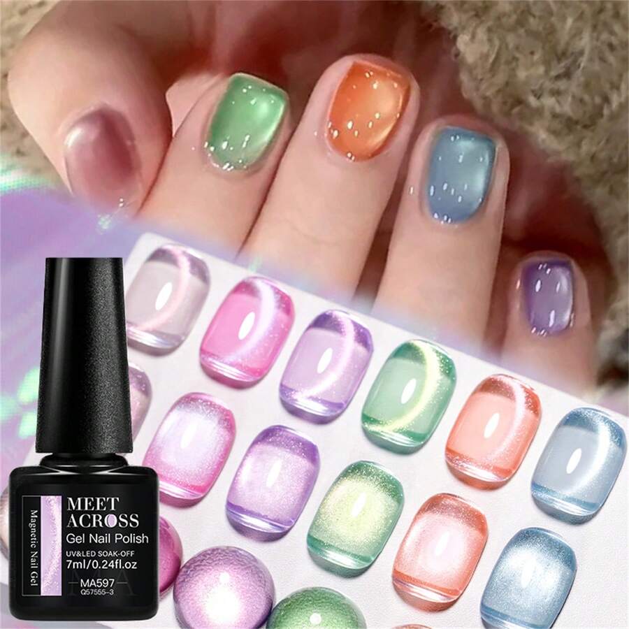 MEET ACROSS 6pcs 7ml Pink Northern Lights Water Light Cat Eye Gel Nail Polish Set, Aurora Glitter Crystal Magnetic Semi Permanent Soak Off UV LED Varnish Manicure Nail Art DIY For Home And Salon Nail Supplies Nails - 彩色 - 查看 1