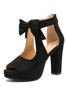 Women's Bow Chunky Heel Sandals Platform Peep Toe Ankle Strap Zip Dress Shoes - màu đen - Xem 13