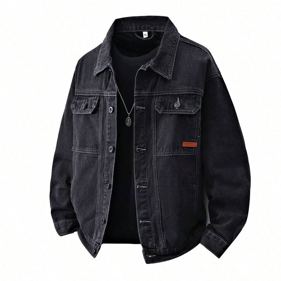2025 Chaqueta de Mezclilla para Hombre Otoño Invierno Premium Gruesa Bordada de Manga Larga Retro Estilosa Versátil - Negro - Ver 1