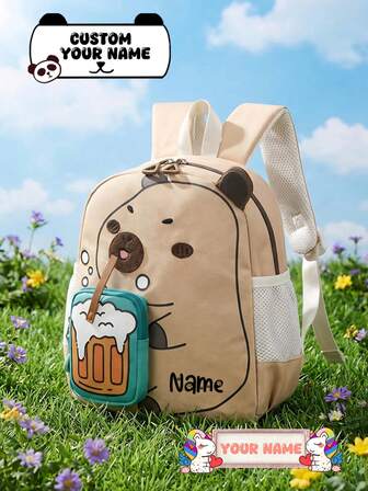 A Custom Cartoon Backpack - Personalised With A Name Or Holiday Greeting, A Capybara Cartoon Backpack For Milk Tea Lovers, Available In Various Colours, Children's Backpack, Cartoon Backpack, Perfect For Boys And Girls, Newborns, Outdoor Activities, And School Trips, Ideal As A Holiday Or Birthday Gift.