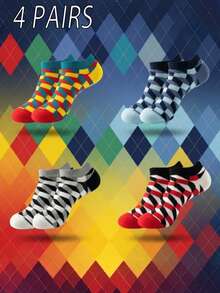 4 双彩色菱格纹船袜 - 男女皆宜，日常休闲穿着，是派对和社交活动的理想礼物，充满活力的多风格菱形设计，四季皆宜。