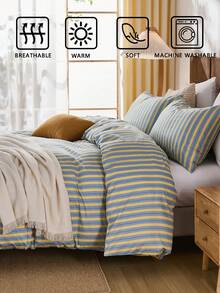 2pcs/3pcs Cotton Blue Background With Yellow Vertical Lines Print Duvet Cover Set (1 Duvet Cover + 1/2 Pillowcases, Daily Use, Soft & Skin-Friendly , Suitable For Indoor Bedrooms, Master Bedroom, Guest Bedroom And Secondary Bedroom All Year Round - Multicolor - View 7