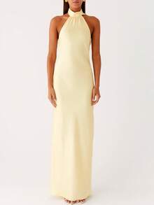 Women Scarf Maxi Dress Silk Halter Neck Tie Up Backless Bodycon Dress Cowl Back Draped Party Wedding Guest Cocktail Dresses With Neck Scarf - 黃色 - 查看 2