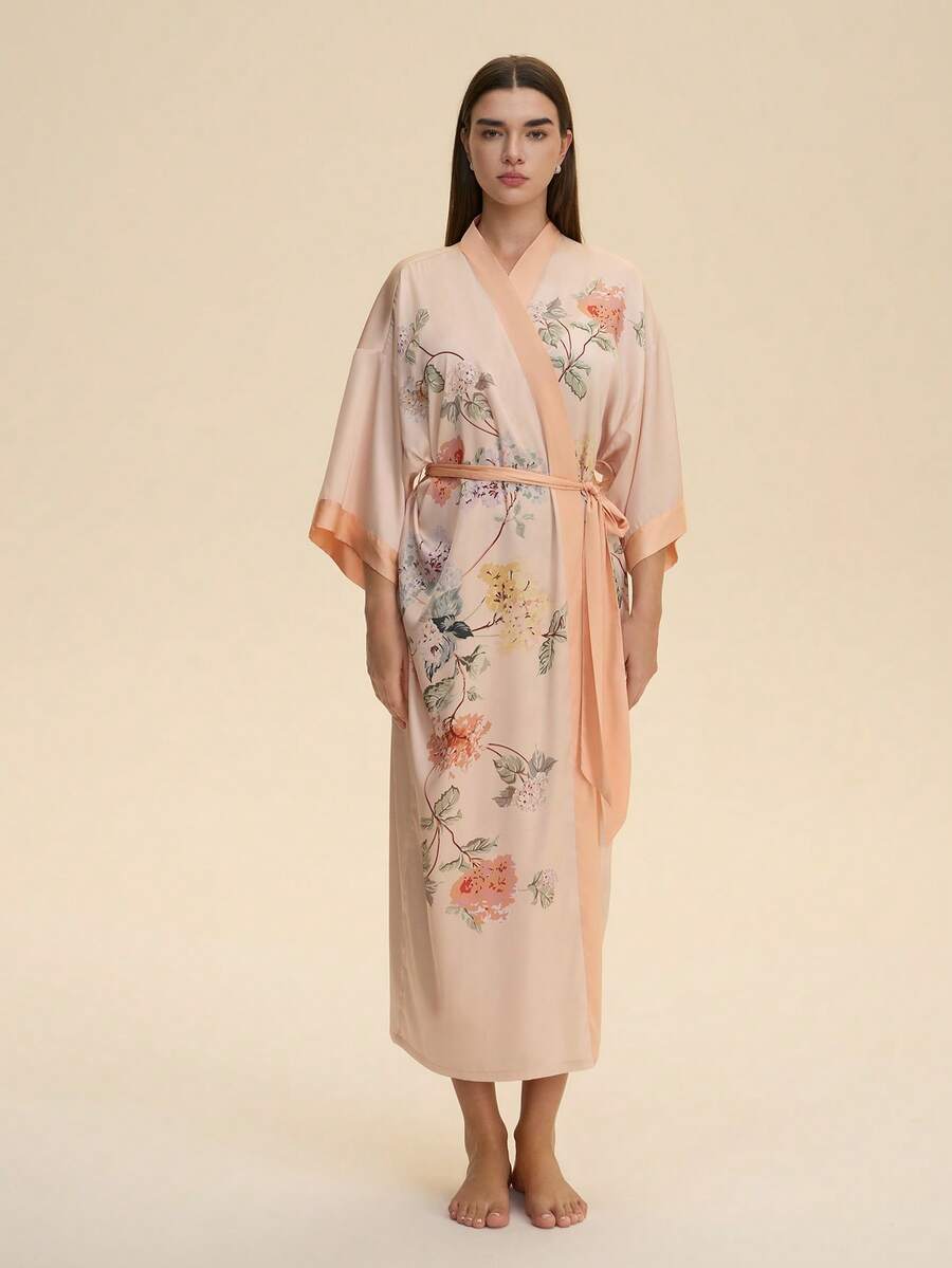 复古宽松波西米亚风优雅时尚通勤和服罩衫,休闲家居系带长袍,轻薄夏季海滩度假加大码泳衣罩衫 - 珊瑚橙 - 查看 1