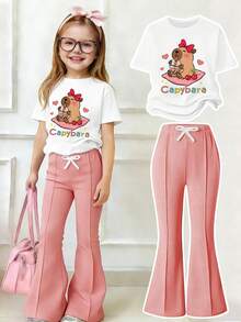 Tween Girls' Casual Cartoon Print Short Sleeve T-Shirt And Flare Pants Set, Summer - White - View 1