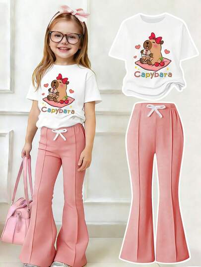 Tween Girls' Casual Cartoon Print Short Sleeve T-Shirt And Flare Pants Set, Summer