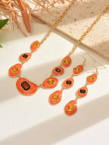1 Set Of 2pcs Fashionable Classic Bohemian Style Geometric Multi-Color Enamel Inlaid Brown Faux Gemstone Necklace And Earrings Jewelry Set, Suitable For Women's Daily Commute, Social Gatherings, Vacation, Party, Versatile Accessory - Set - View 6