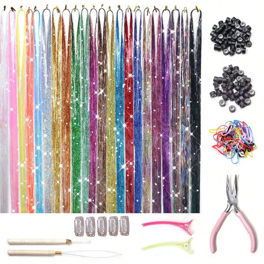 Kit de paillettes pour cheveux, extensions de cheveux pailletées résistantes à la chaleur de 22 couleurs pour les adolescentes. Accessoires de cheveux pailletés pour Noël, Nouvel An, Halloween, fête déguisée (122 cm) - Multicolore - Voir 1