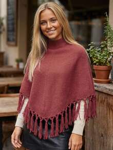 Womens Sweater Ponchos High Neck Loose Fit Solid Color Winter Tassel Capes And Shawls - Burgundy - View 4