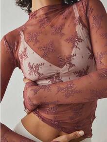 Women's Sheer Lace Mesh Top, Fashionable Slim Fit Long Sleeve Faux Collar Floral Blouse, Casual Outing T-Shirt - 灰粉紅 - 查看 4